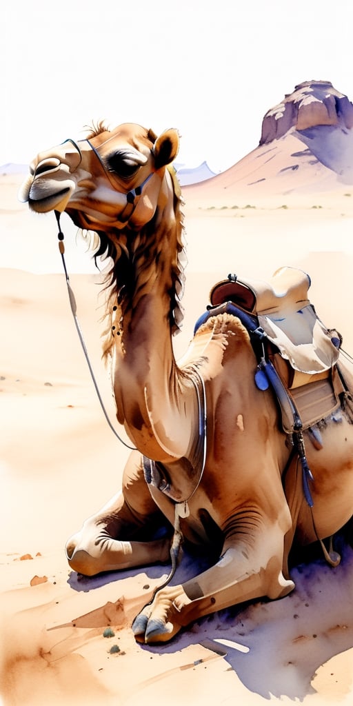 sketch of a camel sitting in the desert, watercolour, monochromatic, rich saddlebags and saddle, faded

