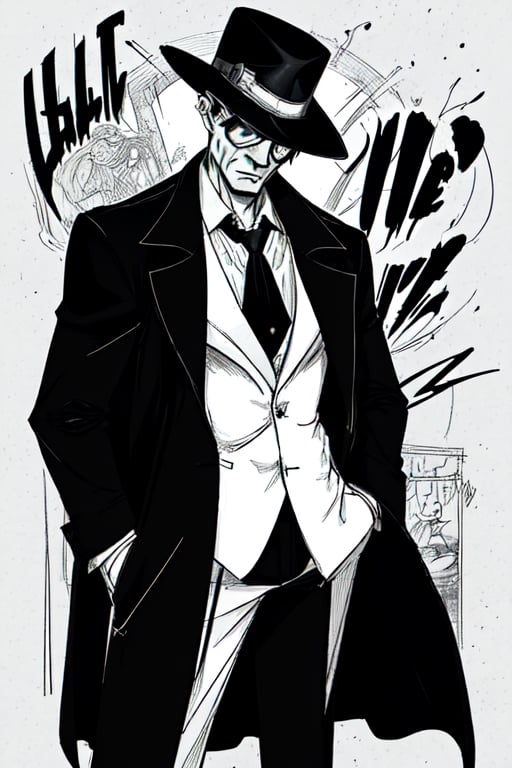 man with a trenchcoat, hands in his pocket, sketchlines, thin silouette, full figure, highly detailed, b&w, the riddler
