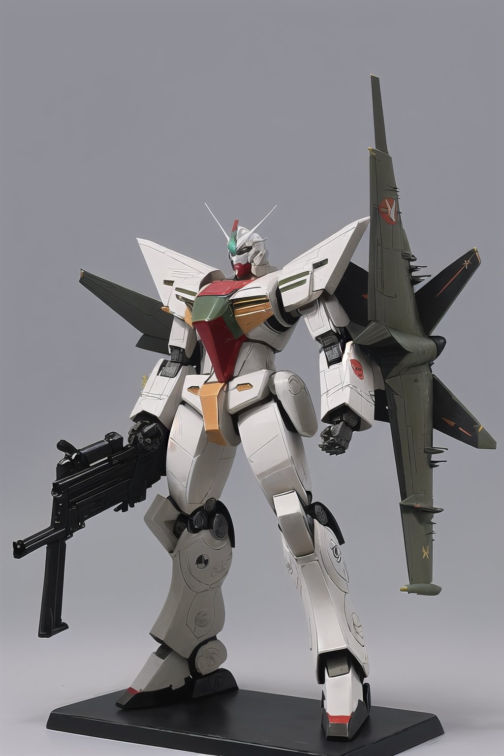 macross_mecha, full figure, F14_tomcat, super_robot, flying_pose, humanoid, combat_airplane, grey, camouflage_paint, full_face_mask, beefy, shoulder cannon, standing pose, big rifle
