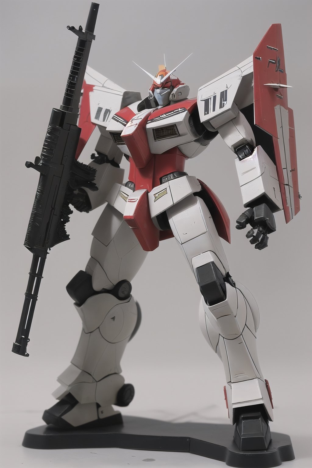 macross_mecha, full figure, F14_tomcat, super_robot, flying_pose, humanoid, combat_airplane, grey, camouflage_paint, full_face_mask, beefy, shoulder cannon, standing pose, big rifle
