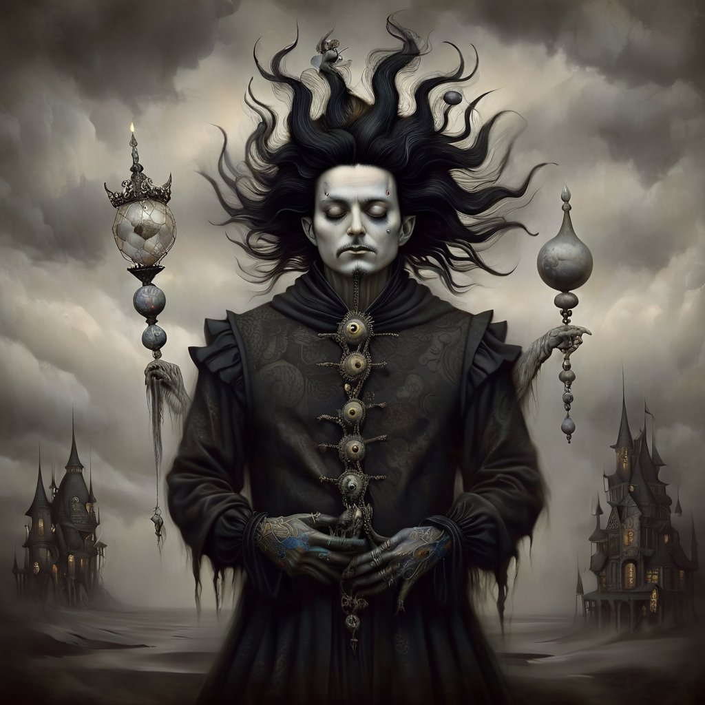 sandman_king_of_dreams, in the style of esao andrews, baroque, black_hair, b&w, gothic