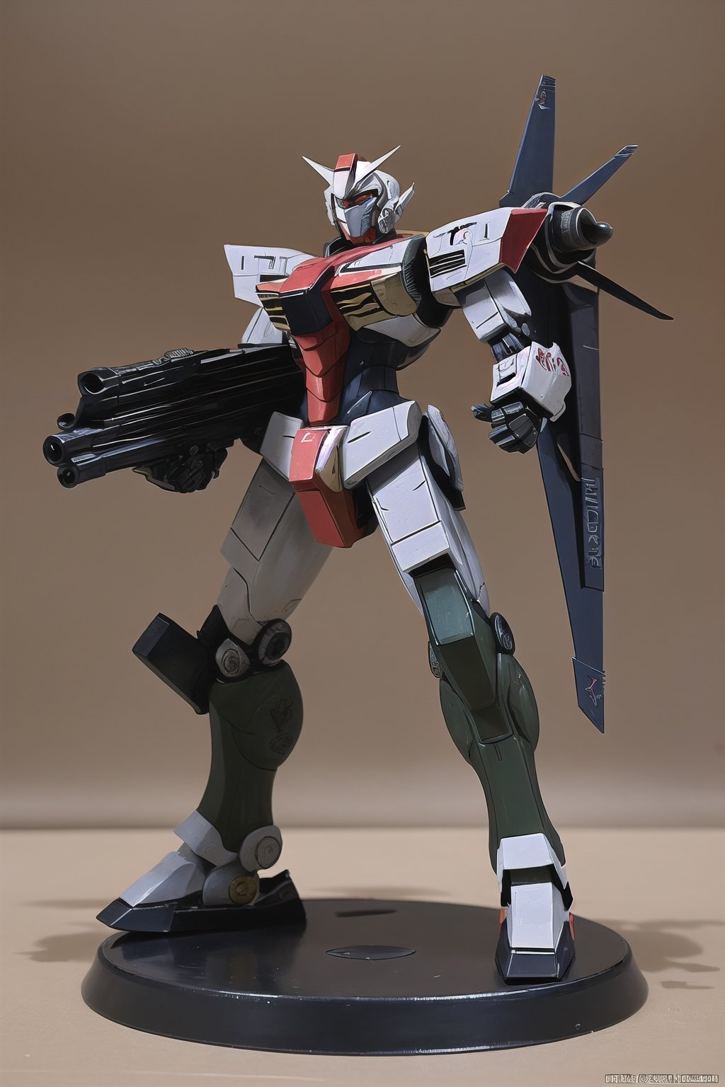 macross_mecha, full figure, F14_tomcat, super_robot, flying_pose, humanoid, combat_airplane, red, camouflage_paint, full_face_mask, beefy, shoulder cannon, standing pose, big rifle
