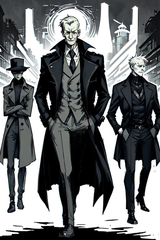 man with a trenchcoat, hands in his pocket, sketchlines, thin silouette, full figure, highly detailed, b&w, the sandman, dream, the endless
