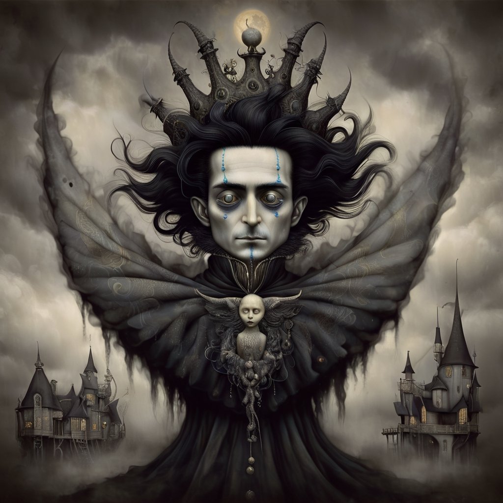 sandman_king_of_dreams, in the style of esao andrews, baroque, black_hair, b&w