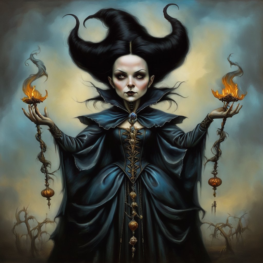 evil mage, in the style of esao andrews, baroque, black_hair, gothic