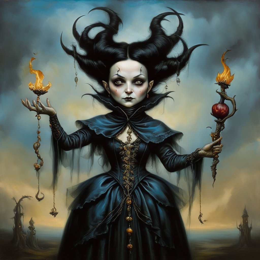 evil mage, in the style of esao andrews, baroque, black_hair, gothic
