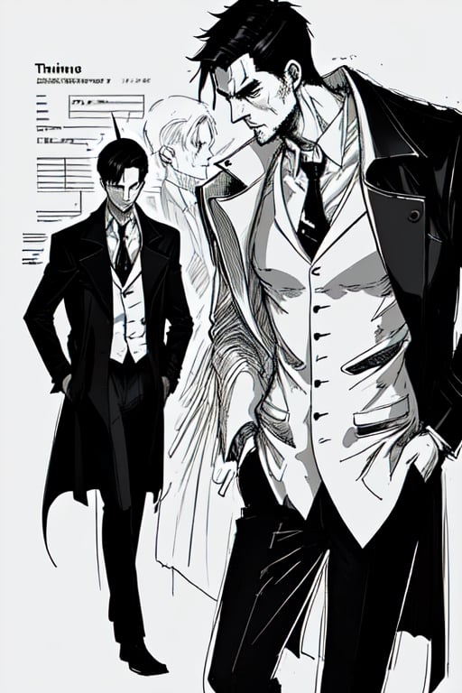 man with a trenchcoat, hands in his pocket, sketchlines, thin silouette, full figure, highly detailed, b&w, devil
