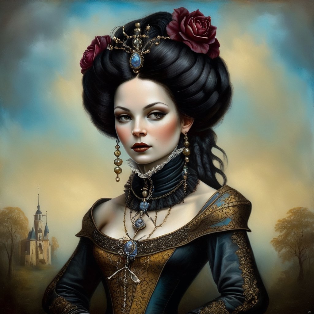 young and beautiful noble woman, in the style of esao andrews, baroque, black_hair, gothic