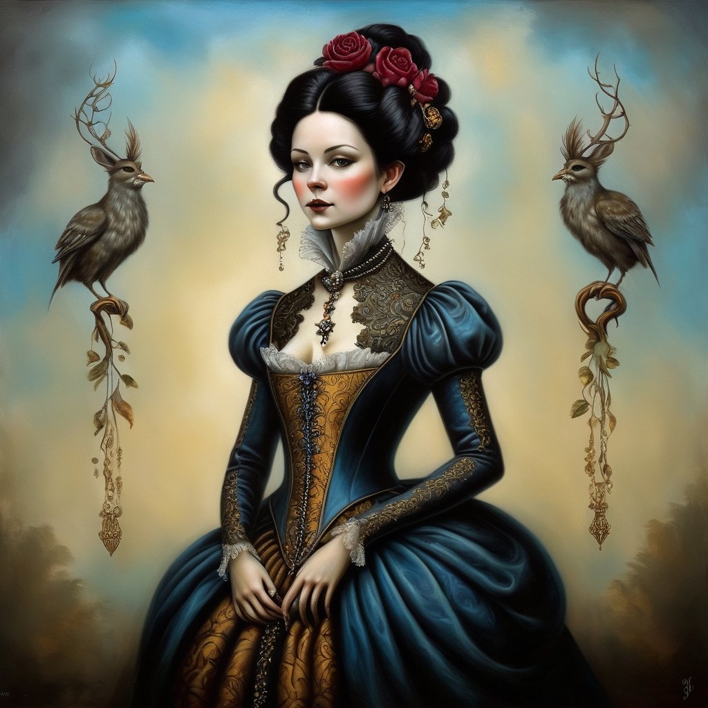 young and beautiful noble woman, in the style of esao andrews, baroque, black_hair, gothic