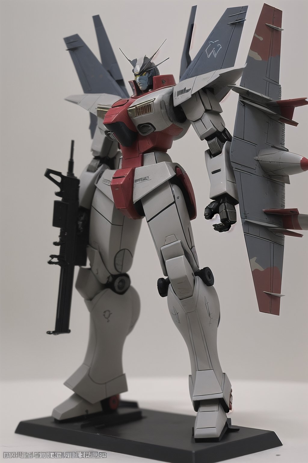 macross_mecha, full figure, F14_tomcat, super_robot, flying_pose, humanoid, combat_airplane, grey, camouflage_paint, full_face_mask, beefy, shoulder cannon, standing pose, big rifle
