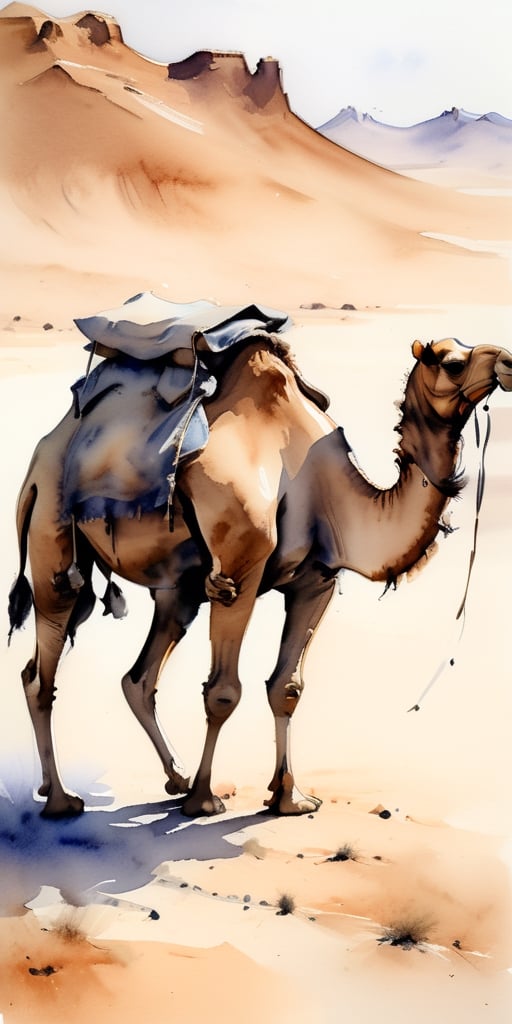 sketch of a camel walking in the desert, watercolour, monochromatic, rich saddlebags and saddle, faded

