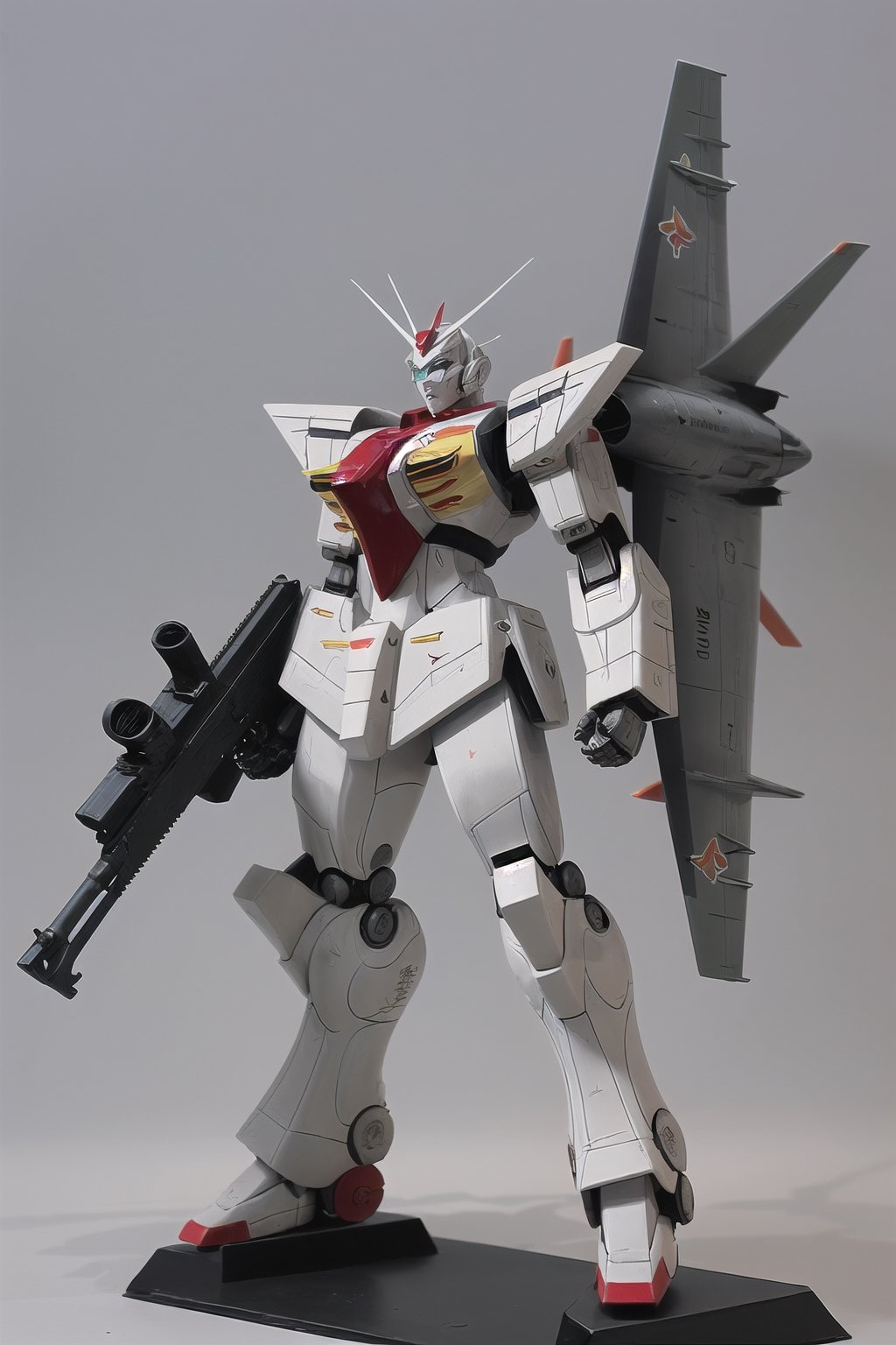 macross_mecha, full figure, F14_tomcat, super_robot, flying_pose, humanoid, combat_airplane, grey, camouflage_paint, full_face_mask, beefy, shoulder cannon, standing pose, big rifle
