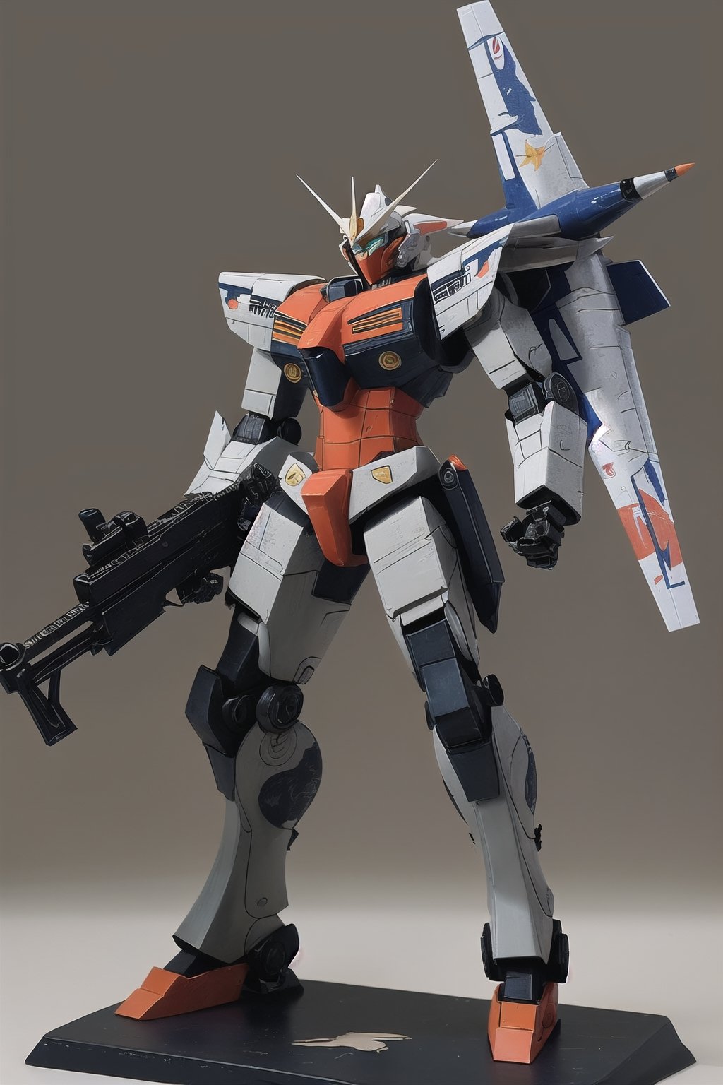 macross_mecha, full figure, F14_tomcat, super_robot, flying_pose, humanoid, combat_airplane, black&orange, camouflage_paint, full_face_mask, beefy, shoulder cannon, standing pose, big rifle, larger_legs, big calves
