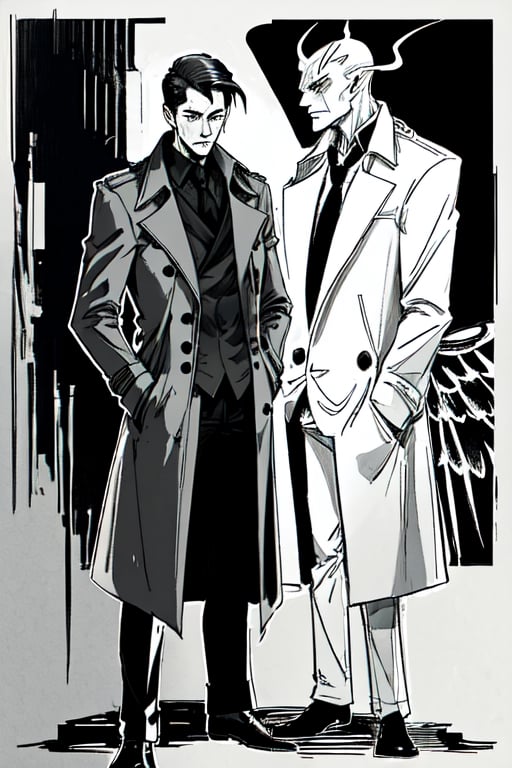 man with a trenchcoat, hands in his pocket, sketchlines, thin silouette, full figure, highly detailed, b&w, lucifer
