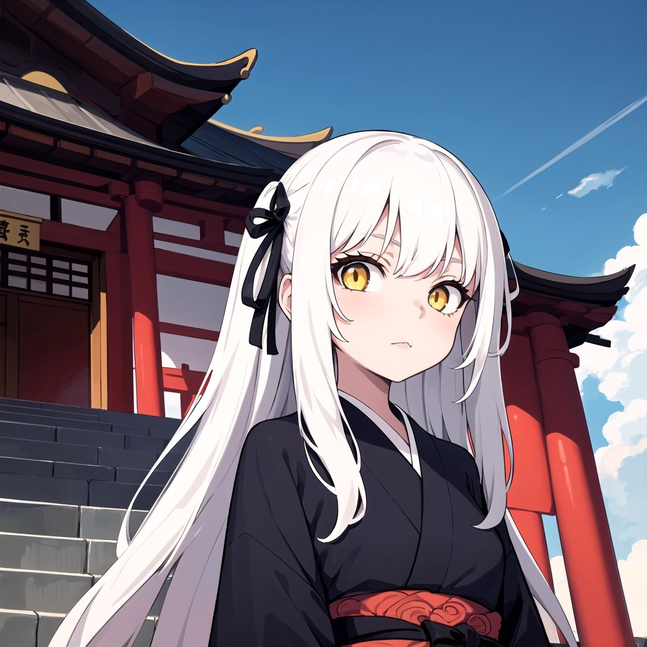 masterpiece, best quality, 1girl, yellow eyes, long hair, white hair, stairs, standing, kimono, sky, temple, looking at viewer, upper body, from below, lady_raven, black, gothic_lolita