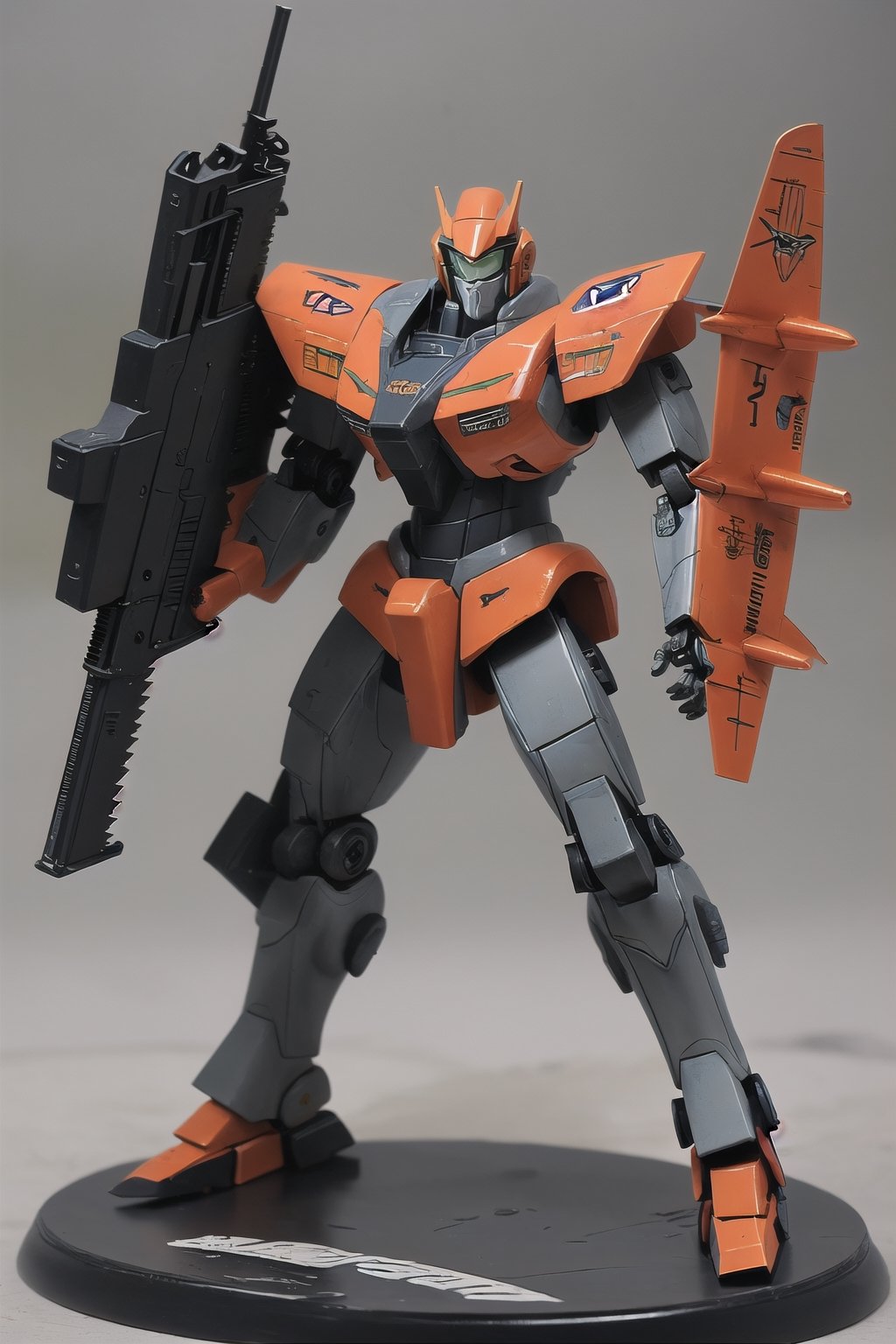 macross_mecha, full figure, F14_tomcat, super_robot, flying_pose, humanoid, combat_airplane, black&orange, camouflage_paint, full_face_mask, beefy, shoulder cannon, standing pose, big rifle, larger_legs
