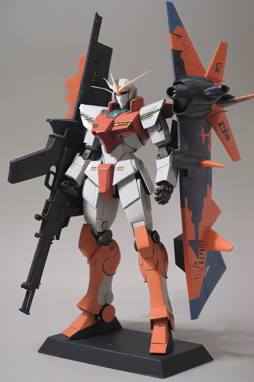 macross_mecha, full figure, F14_tomcat, super_robot, flying_pose, humanoid, combat_airplane, black&orange, camouflage_paint, full_face_mask, beefy, shoulder cannon, standing pose, big rifle, larger_legs, big calves
