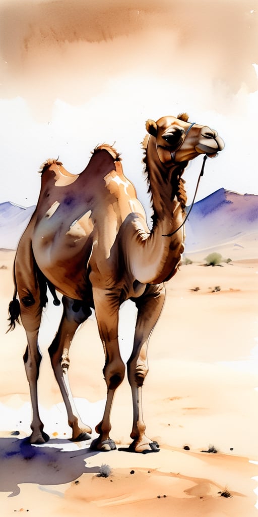 sketch of a camel walking in the desert, watercolour, monochromatic, rich saddlebags

