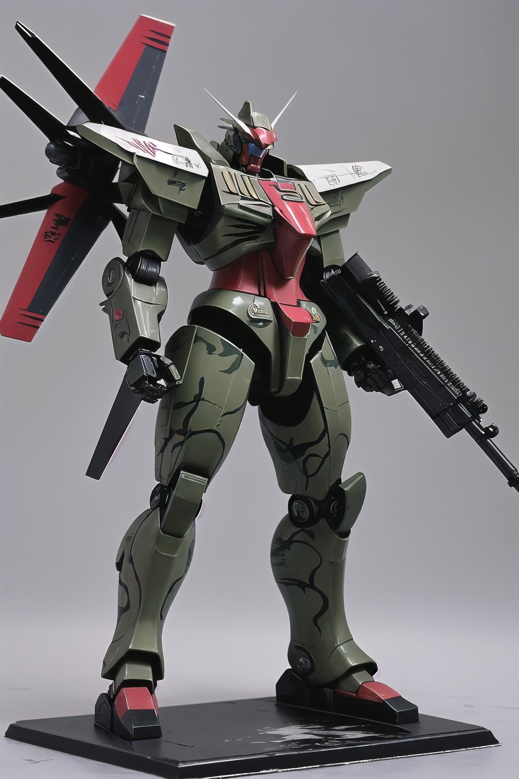 macross_mecha, full figure, F14_tomcat, super_robot, flying_pose, humanoid, combat_airplane, red, camouflage_paint, full_face_mask, beefy, shoulder cannon, standing pose, big rifle
