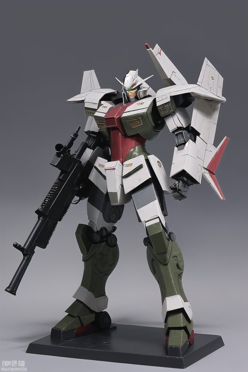 macross_mecha, full figure, F14_tomcat, super_robot, flying_pose, humanoid, combat_airplane, grey, camouflage_paint, full_face_mask, beefy, shoulder cannon, standing pose, big rifle
