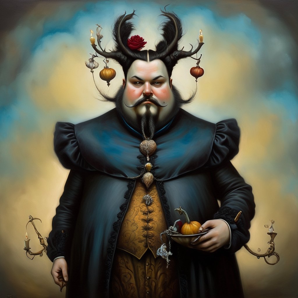 noble fat man, in the style of esao andrews, baroque, black_hair, gothic