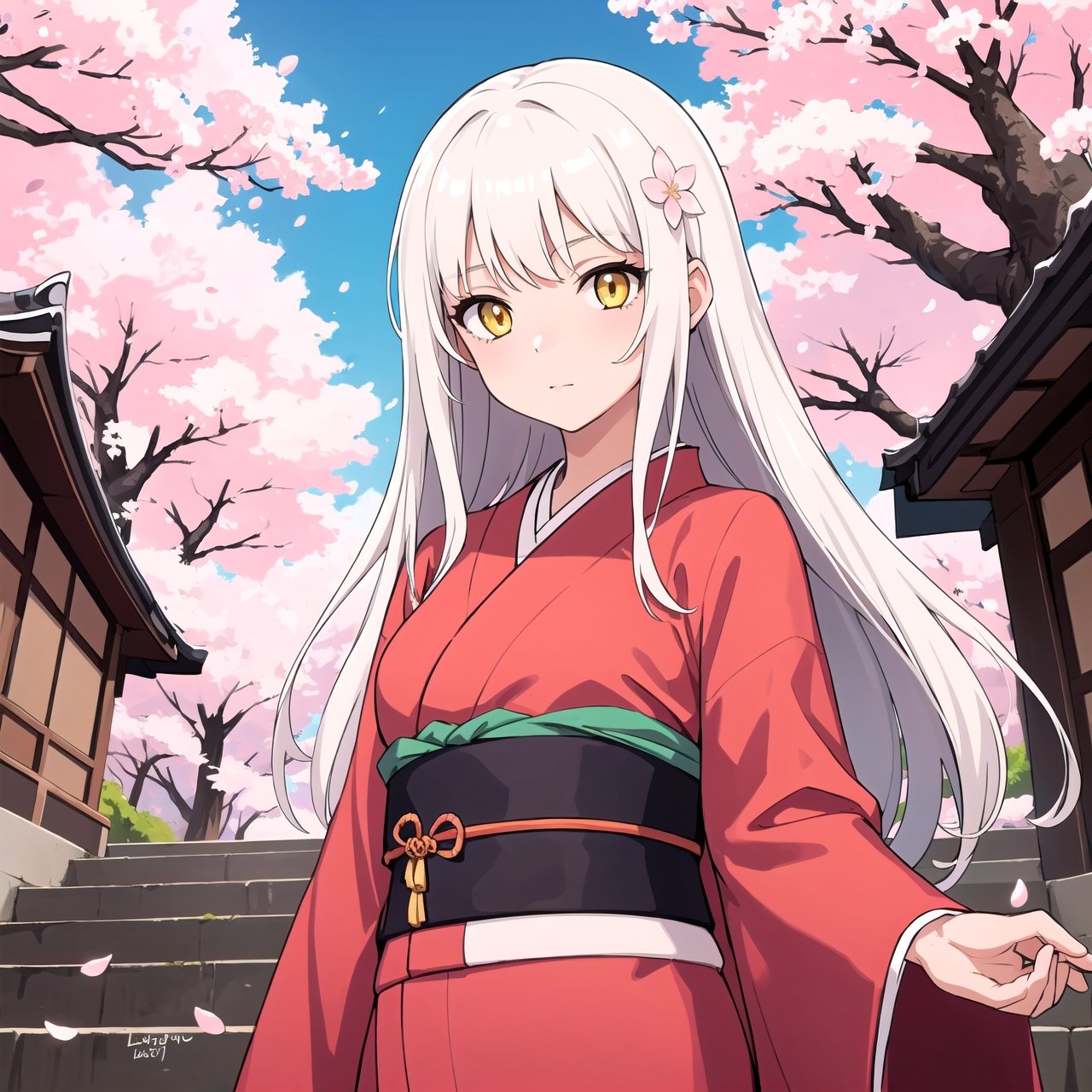 masterpiece, best quality, 1girl, yellow eyes, long hair, white hair, tree, stairs, standing, kimono, sky, cherry blossoms, temple, looking at viewer, upper body, from below, lady_raven,