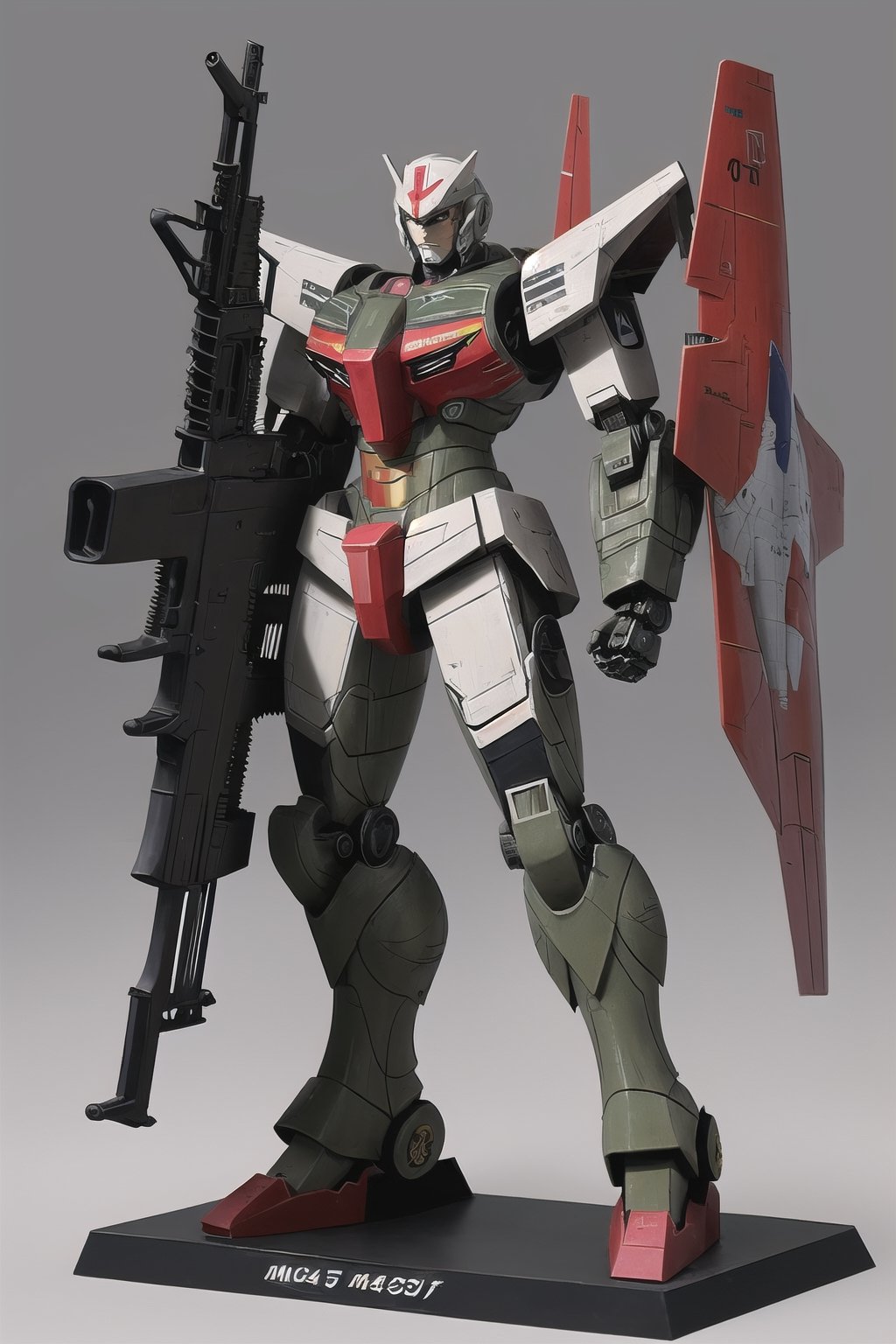 macross_mecha, full figure, F14_tomcat, super_robot, flying_pose, humanoid, combat_airplane, grey, camouflage_paint, full_face_mask, beefy, shoulder cannon, standing pose, big rifle
