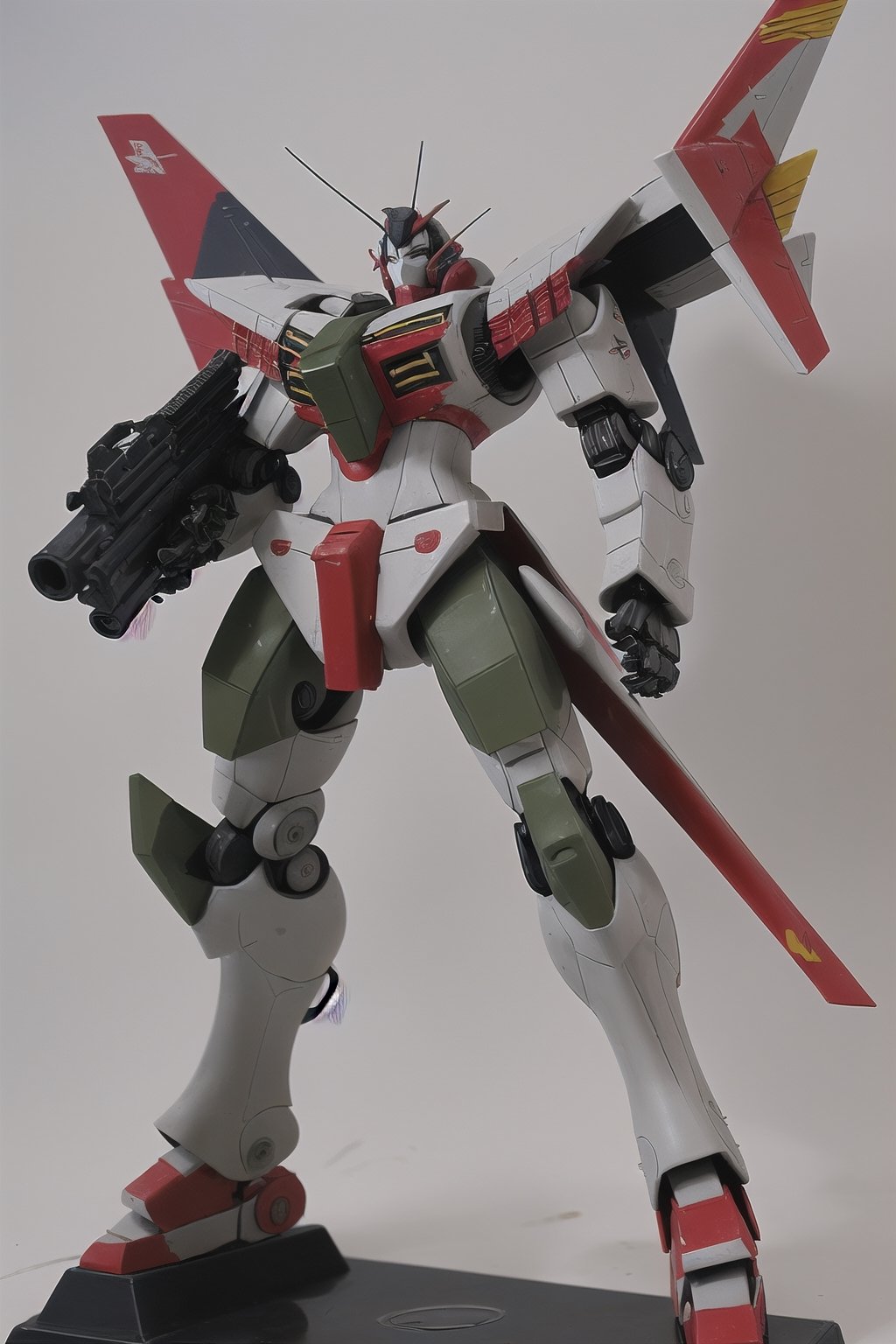 macross_mecha, full figure, F14_tomcat, super_robot, flying_pose, humanoid, combat_airplane, grey, camouflage_paint, full_face_mask, beefy, shoulder cannon, standing pose, big rifle
