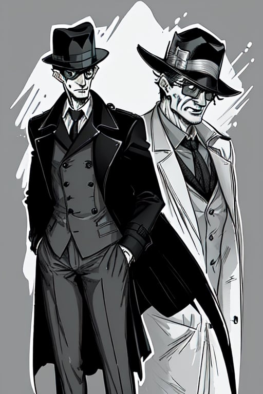 man with a trenchcoat, hands in his pocket, sketchlines, thin silouette, full figure, highly detailed, b&w, the riddler
