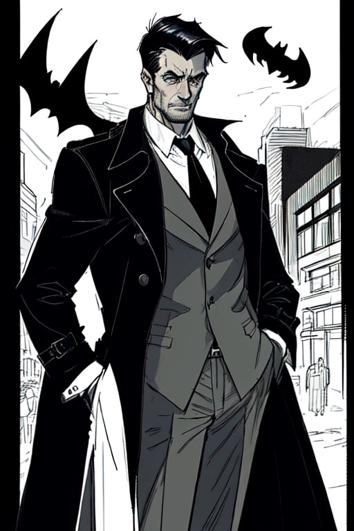 man with a trenchcoat, hands in his pocket, sketchlines, thin silouette, full figure, highly detailed, b&w, the batman
