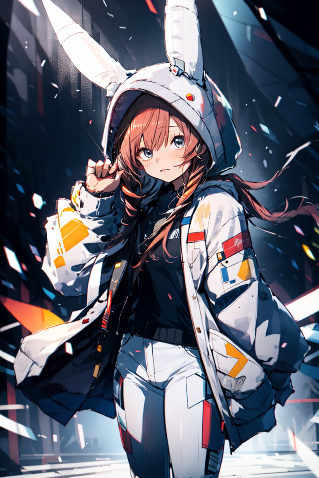 masterpiece, high quality, 1girl, simple background, amiyaCASA,rabbit ears, hood up, open hoodie, white pants,cowboy shot, standing, looking at viewer, ,amiyaCASA