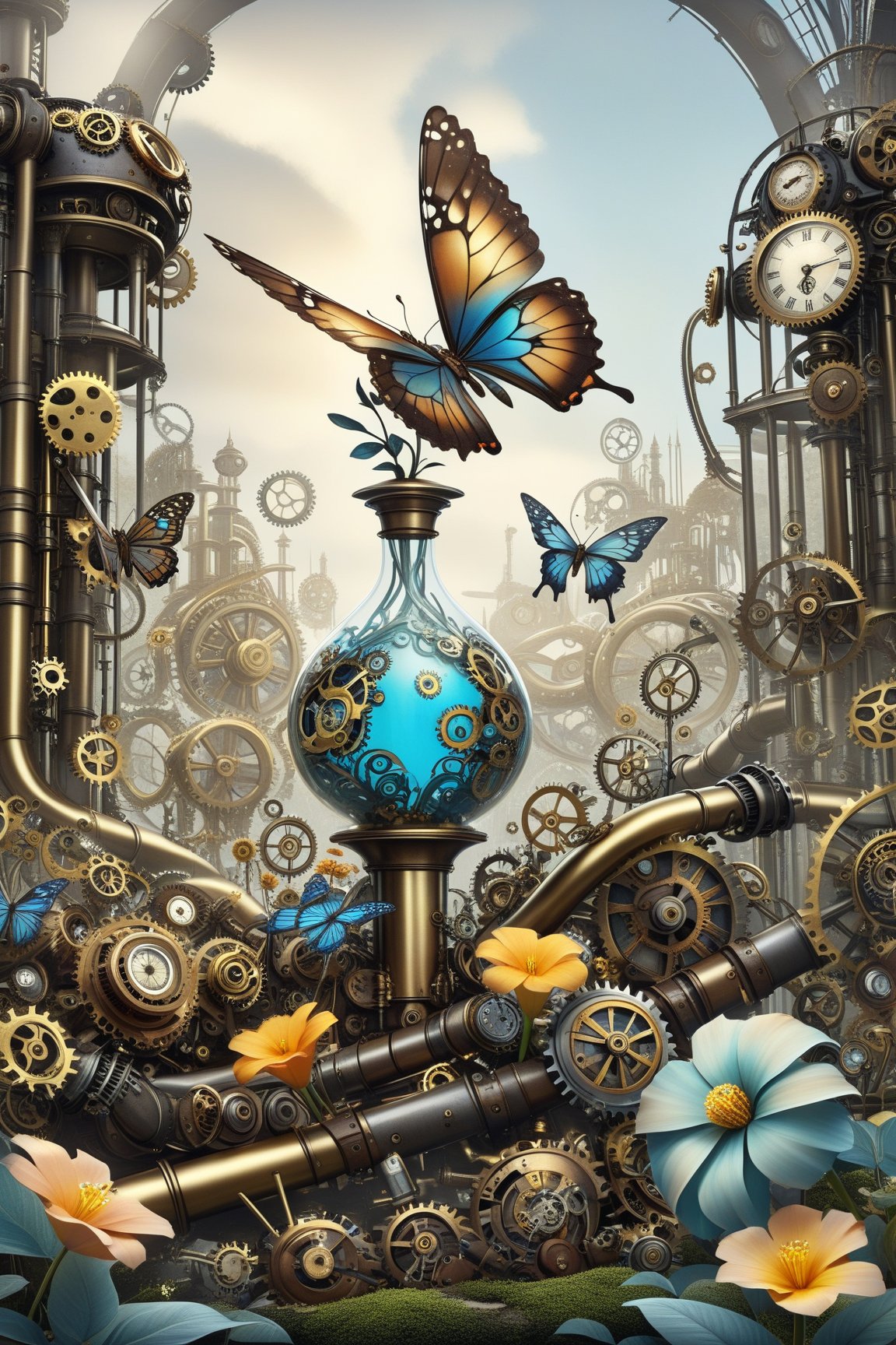 create a beautiful magical steampunk fantasy scene where you can evidence Un jardín exuberante con mariposas mecánicas que revolotean entre flores de engranajes y tubos. Mechanical,DonMSt34mPXL