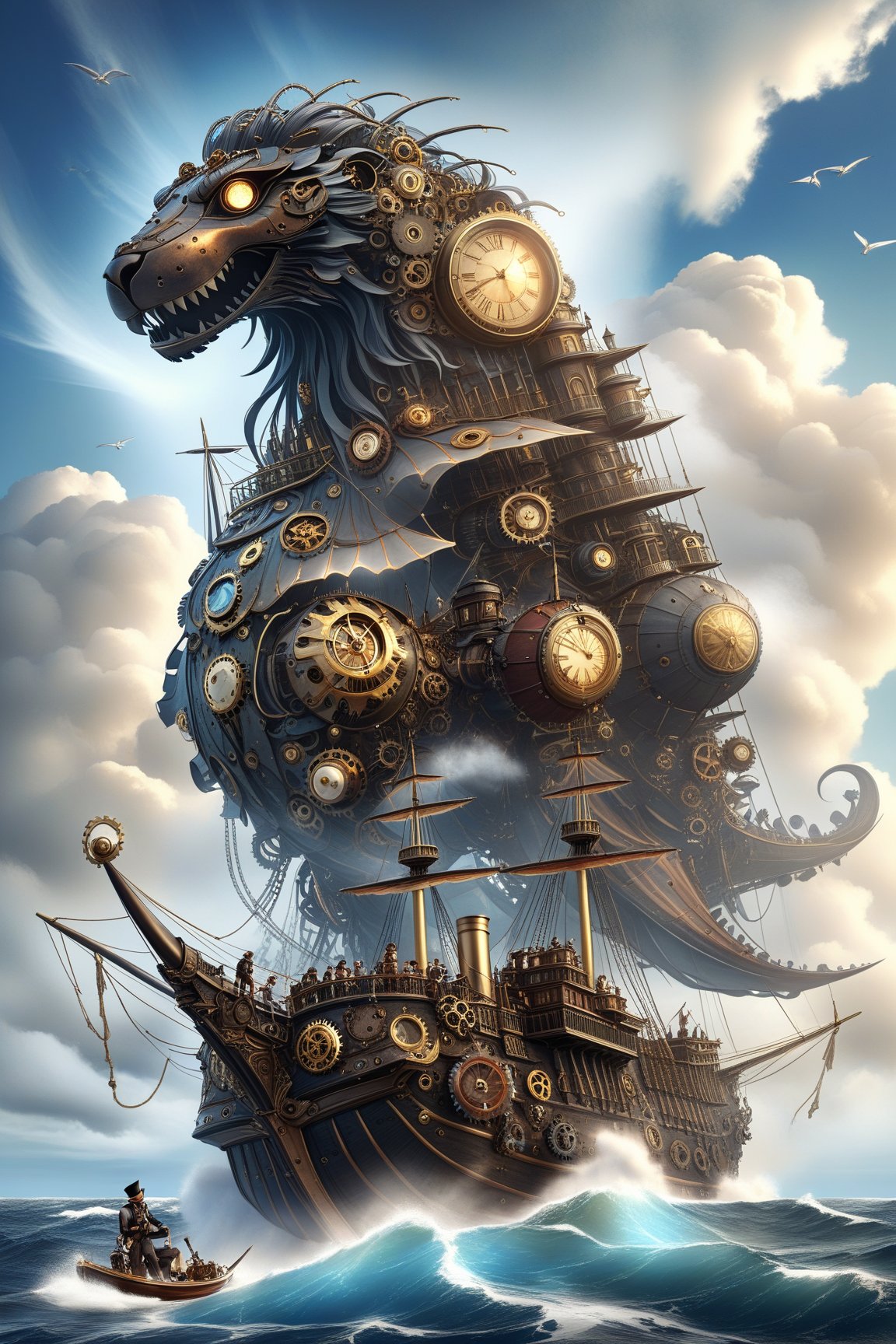 mitica y vintage escena steampunk de Un galeón gigante con casco de madera y mástiles adornados con velas de tela mecánica en tonos marrones y azules pasteles, navegando por un mar de nubes y estrellas.,Mechanical,DonMSt34mPXL