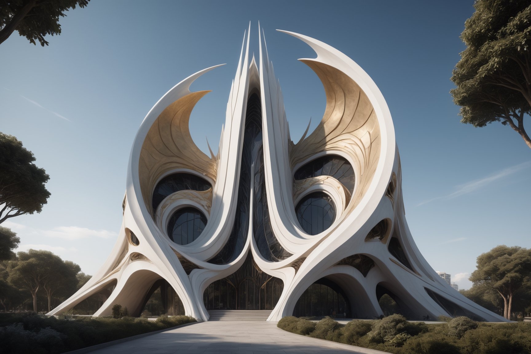 High-definition photorealistic render of an exterior vertical sculptural casttle in parametric architecture, with pointed, dragon-wing-like symmetrical curves inspired by the constructions of Zaha Hadid. A luxurious design featuring marble, glass, and golden metal, with black and white details. The design is inspired by the main stage of Tomorrowland 2022, with ultra-realistic Art Deco details and a high level of intricacy in the image.