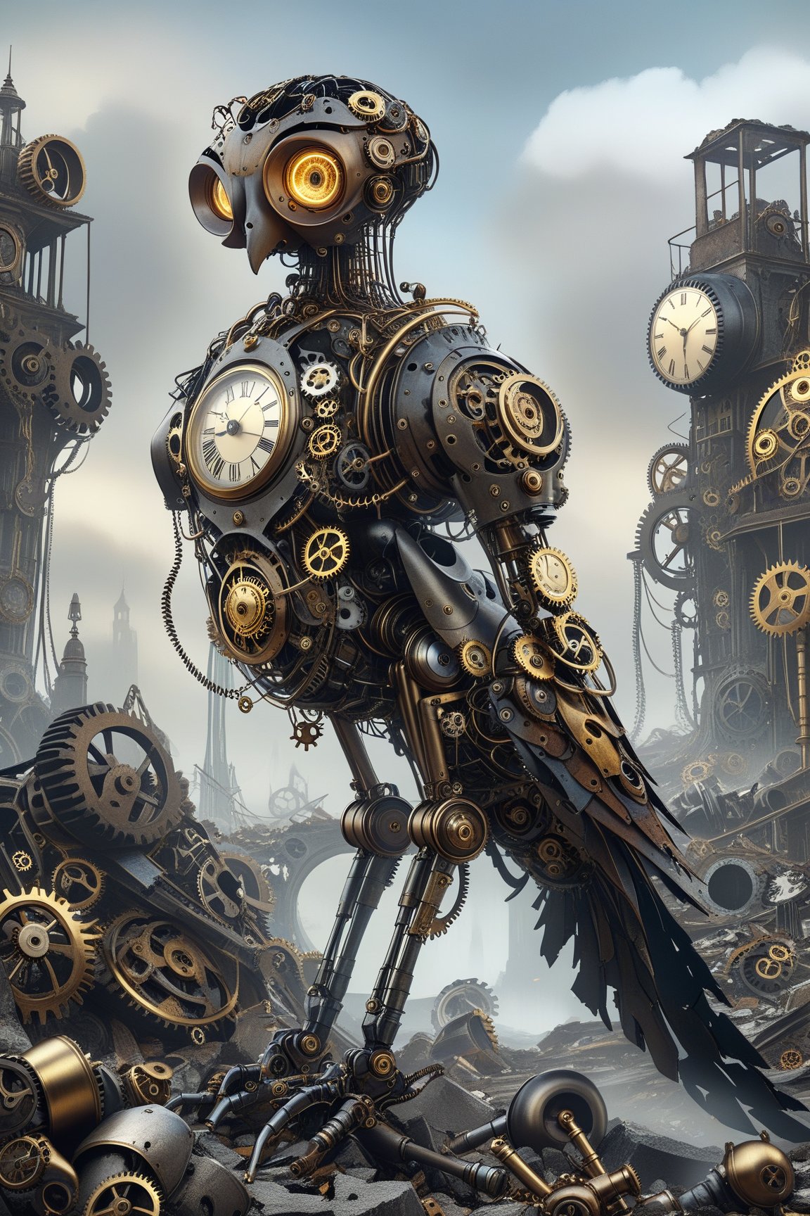 create a beautiful magical steampunk fantasy scene where you can evidence, A mechanical ghost recalling its lost humanity as it walks among ruins and broken clocks.,Mechanical,DonMSt34mPXL