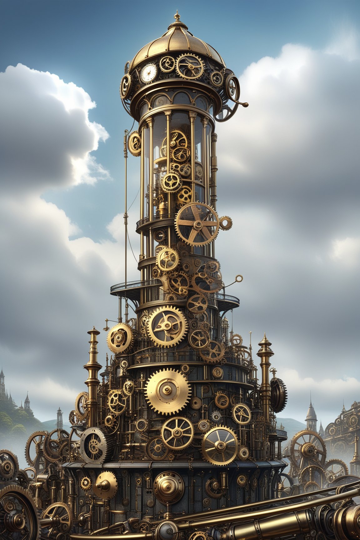 create a beautiful magical steampunk fantasy scene where you can evidence,Brass Tower Ingenuity: The ability to find creative and quick solutions, adapting swiftly like the gears of a well-oiled machine, navigating through challenges with finesse and ingenuity..,Mechanical,DonMSt34mPXL