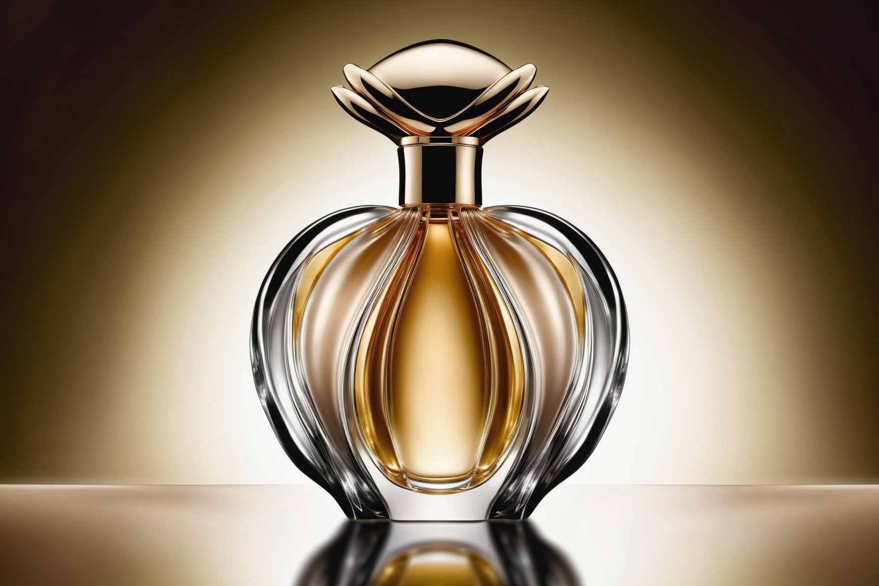 High-definition photorealistic photography of ultra-luxury perfume with a parametric style inspired by a tulip, very sculptural and with fluid and organic shapes, with symmetrical curves, in precious materials, such as crystal, gold, diamonds and precious stones that decorate the structure and the lid, the perfume must be on a natural background, with many tulips around it and ultra-realistic baroque decorations and a high level of complexity in the image.
