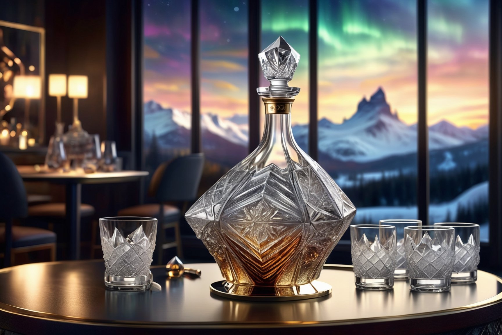 High definition photorealistic render of a luxury decanter design concept in sculpted crystal and pointed organic shapes and gold metal with black, with glasses and an ashtray on a table with ice and smoke, in a night bar with snowy mountains around and northern lights background, es and snowflakes in the scene, macro photography, hyper detailed, sharp focus, studio shot, intricate details