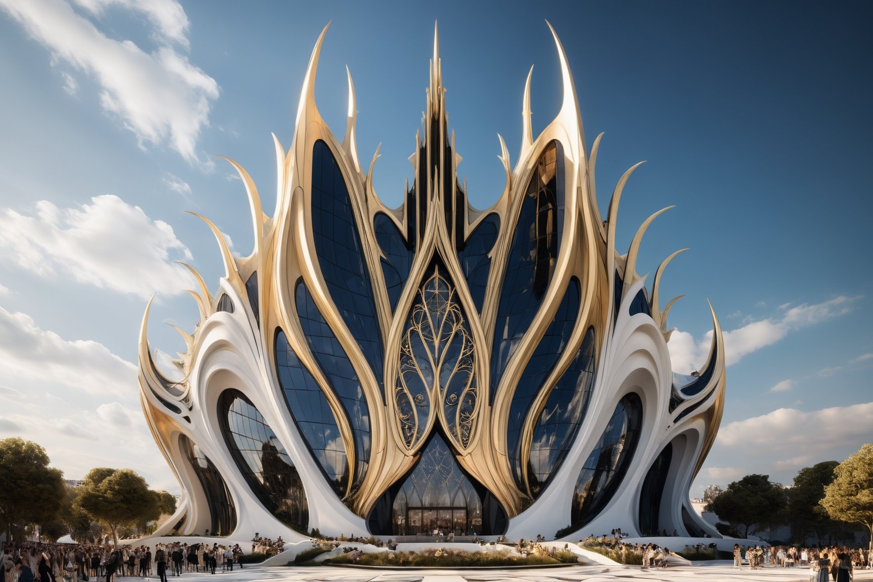 High-definition photorealistic render of an exterior vertical sculptural casttle in parametric architecture, with pointed, dragon-wing-like symmetrical curves inspired by the constructions of Zaha Hadid. A luxurious design featuring marble, glass, and golden metal, with black and white details. The design is inspired by the main stage of Tomorrowland 2022, with ultra-realistic Art Deco details and a high level of intricacy in the image.