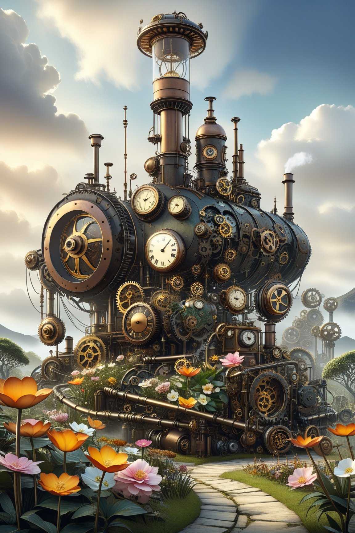 create a beautiful magical steampunk fantasy scene where you can evidence, A mechanical steam landscape enveloping a tranquil garden where exotic flowers bloom.Mechanical,DonMSt34mPXL