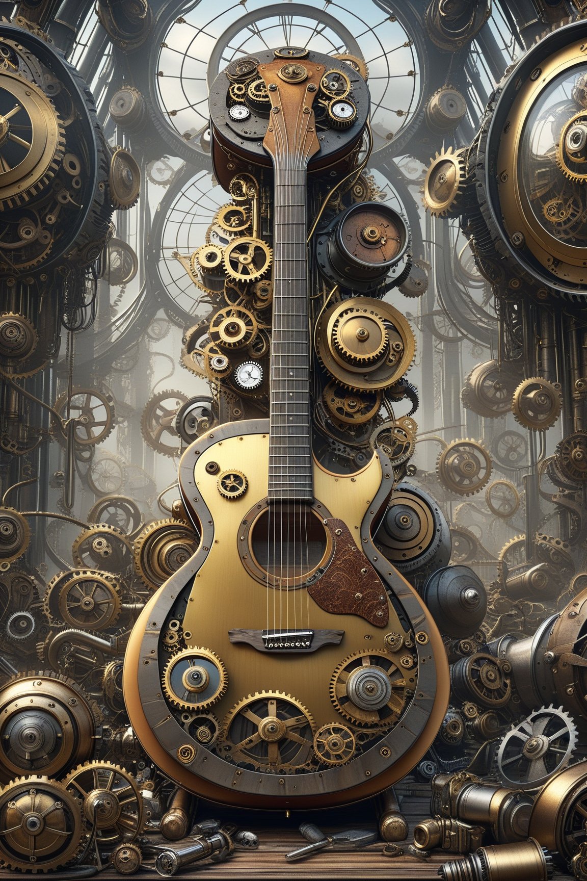 create a beautiful magical steampunk fantasy scene where you can evidence a guitar.,.Mechanical,DonMSt34mPXL