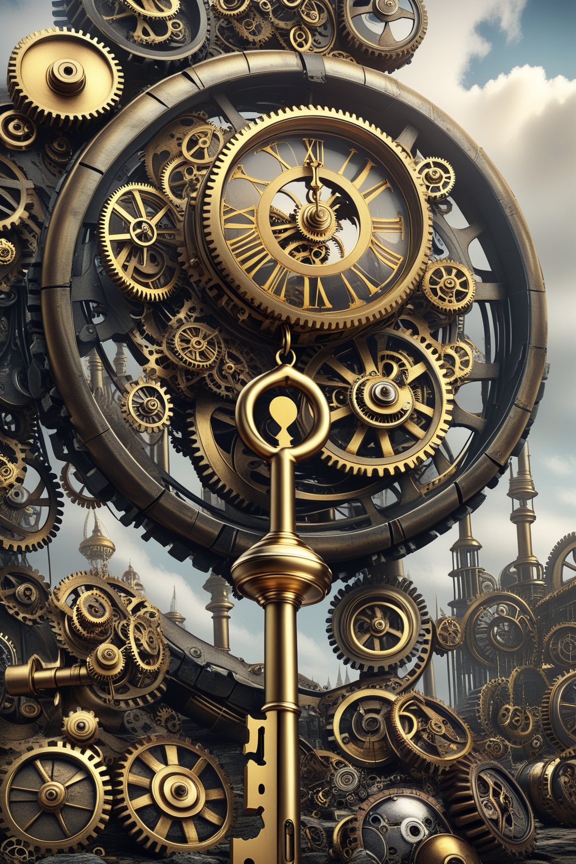 create a beautiful magical steampunk fantasy scene where you can evidence, An ancient key with intertwined gears symbolizing the decisions that shape your destiny.,Mechanical,DonMSt34mPXL
