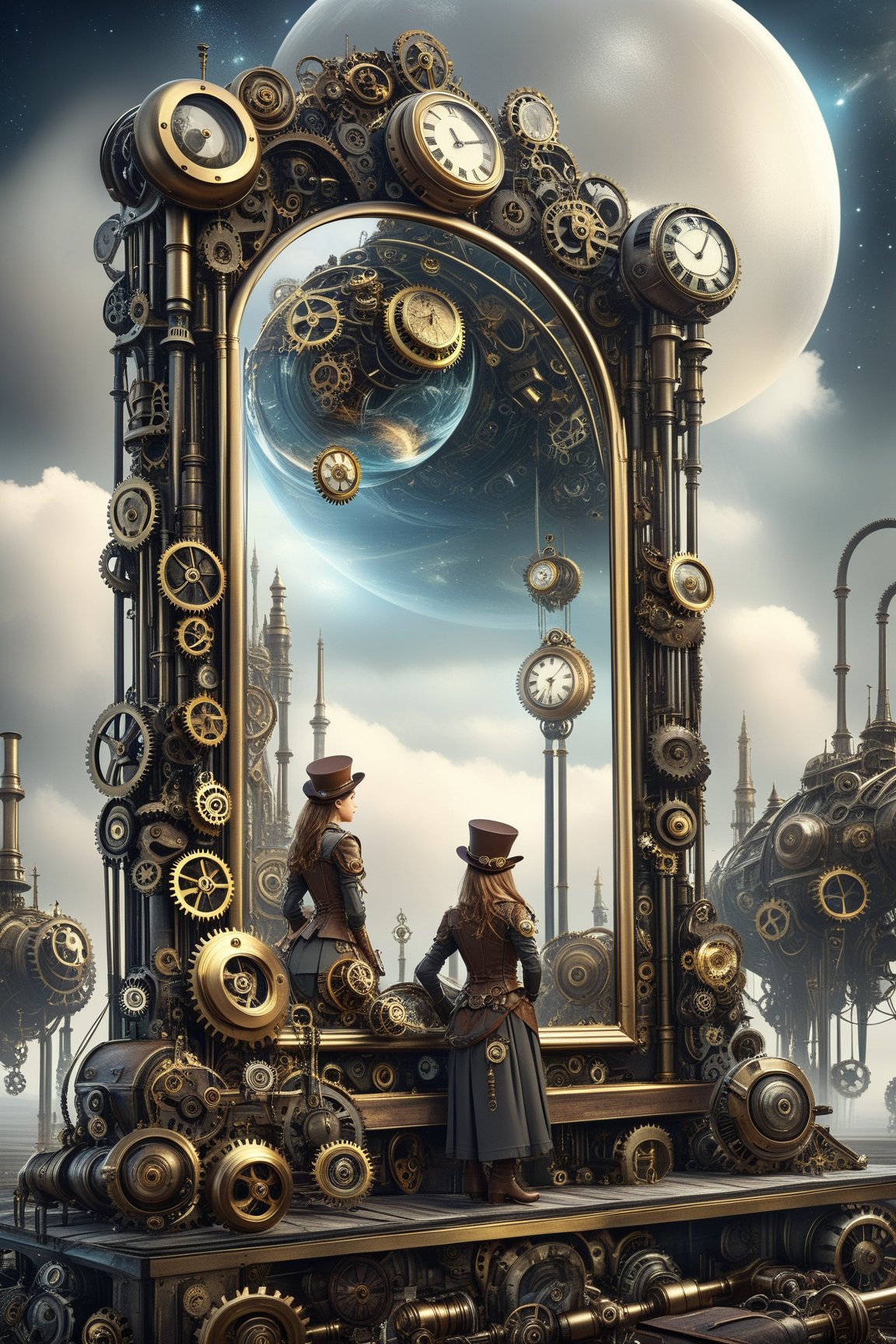 create a beautiful magical steampunk fantasy scene where you can evidence,A mirror crafted with deep reflection crystals showing visions of the past and future.,Mechanical,DonMSt34mPXL