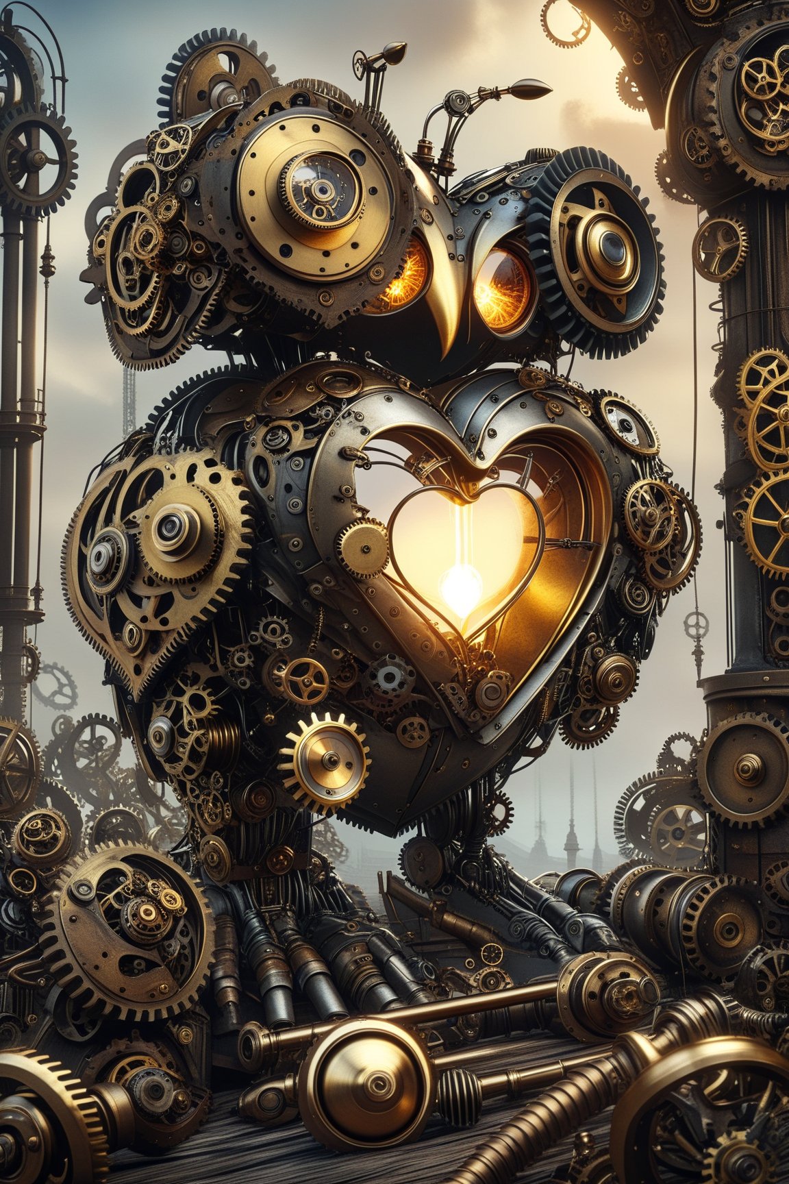 create a beautiful magical steampunk fantasy scene where you can evidence, A metal heart adorned with gears and valves, emitting a warm and comforting glow.,Mechanical,DonMSt34mPXL