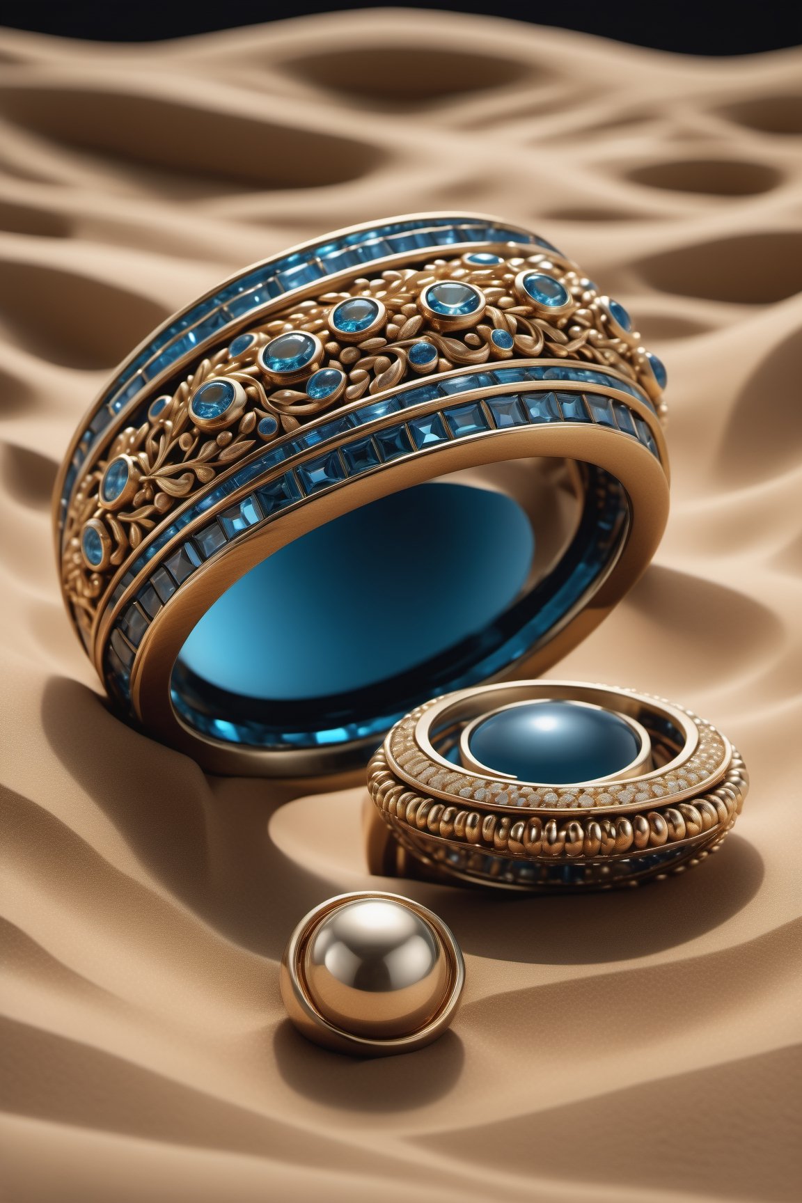 (best quality,  highres,  ultra high resolution,  masterpiece,  realistic,  extremely photograph,  detailed photo,  8K wallpaper,  intricate detail,  film grains), High definition photorealistic photography of ultra luxury,  Middle Eastern-inspired jewelry set in the desert sands—a luxurious ensemble with precious materials, comprising a ring, bracelet, and earrings, accompanied by opulent packaging. This is a photographic scene designed with advanced photography, CGI, and VFX parameters, in high definition, ensuring flawless execution. high level of intricacy in the image.