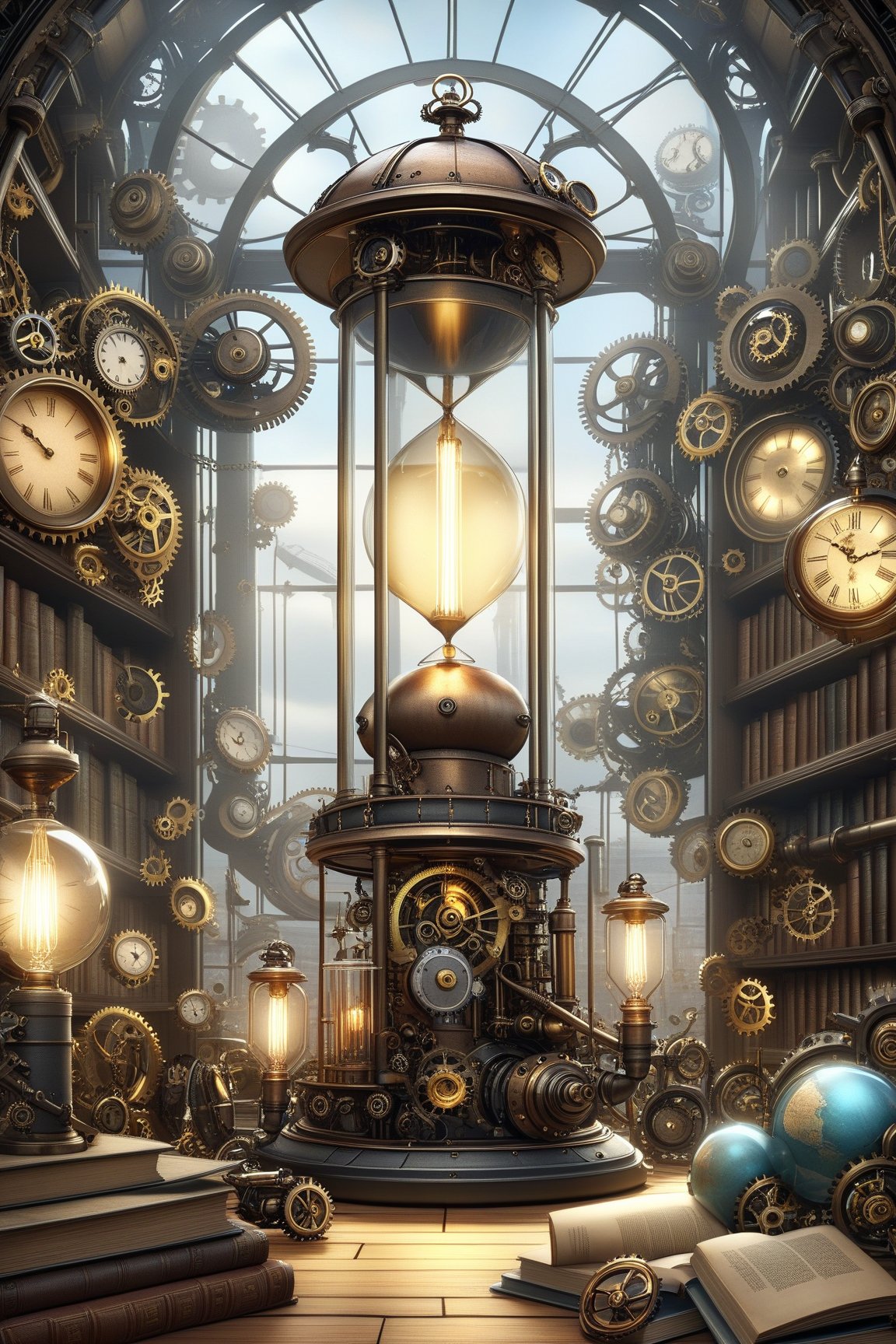 create a beautiful magical steampunk fantasy scene where you can evidence Una biblioteca con estanterías flotantes y libros que se desplazan solos, iluminada por lámparas de gas..Mechanical,DonMSt34mPXL