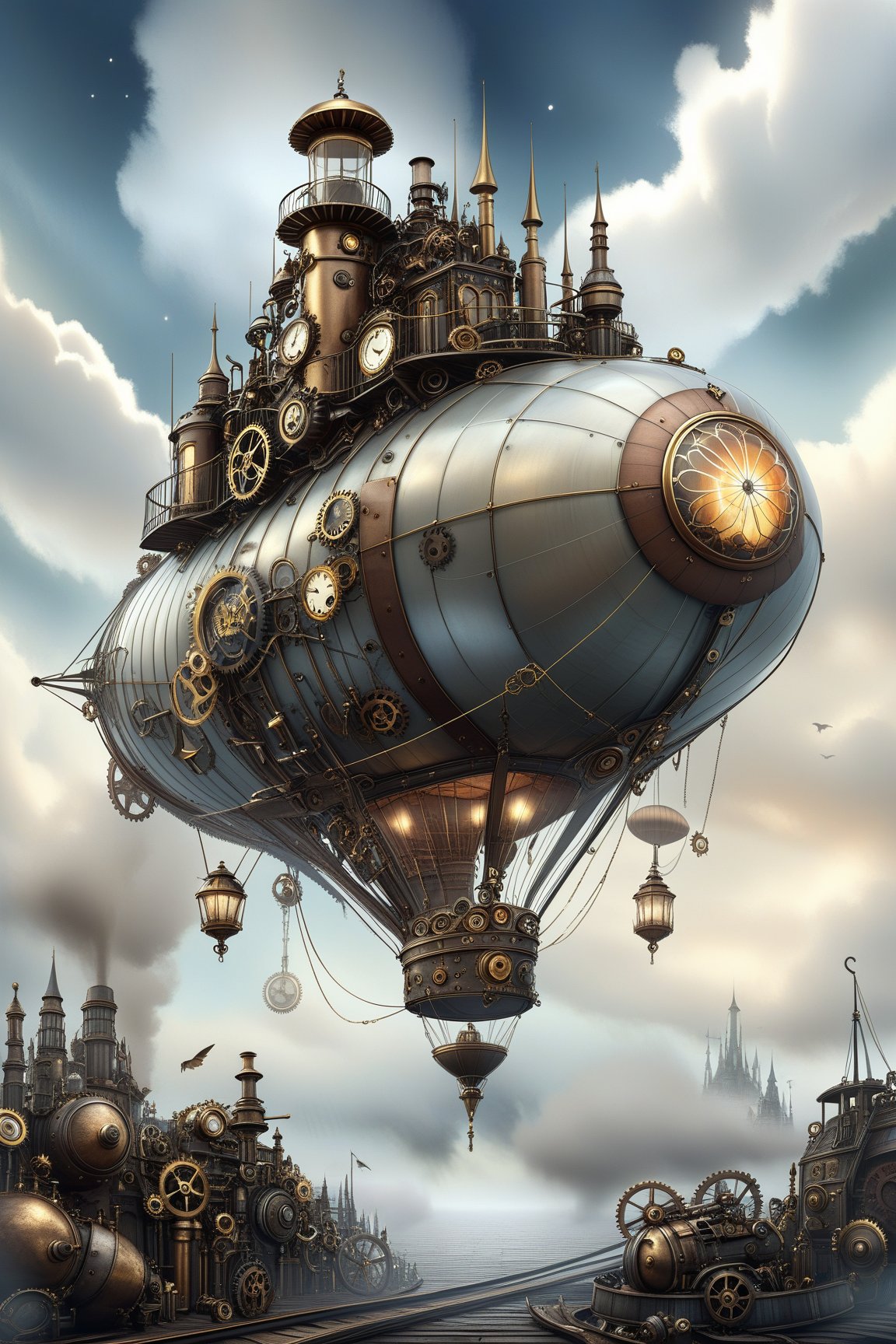 create a beautiful magical steampunk fantasy scene where you can evidence a Un dirigible masivo con velas de vapor y alas de metal, navegando a través de un cielo estrellado surrealista...Mechanical,DonMSt34mPXL