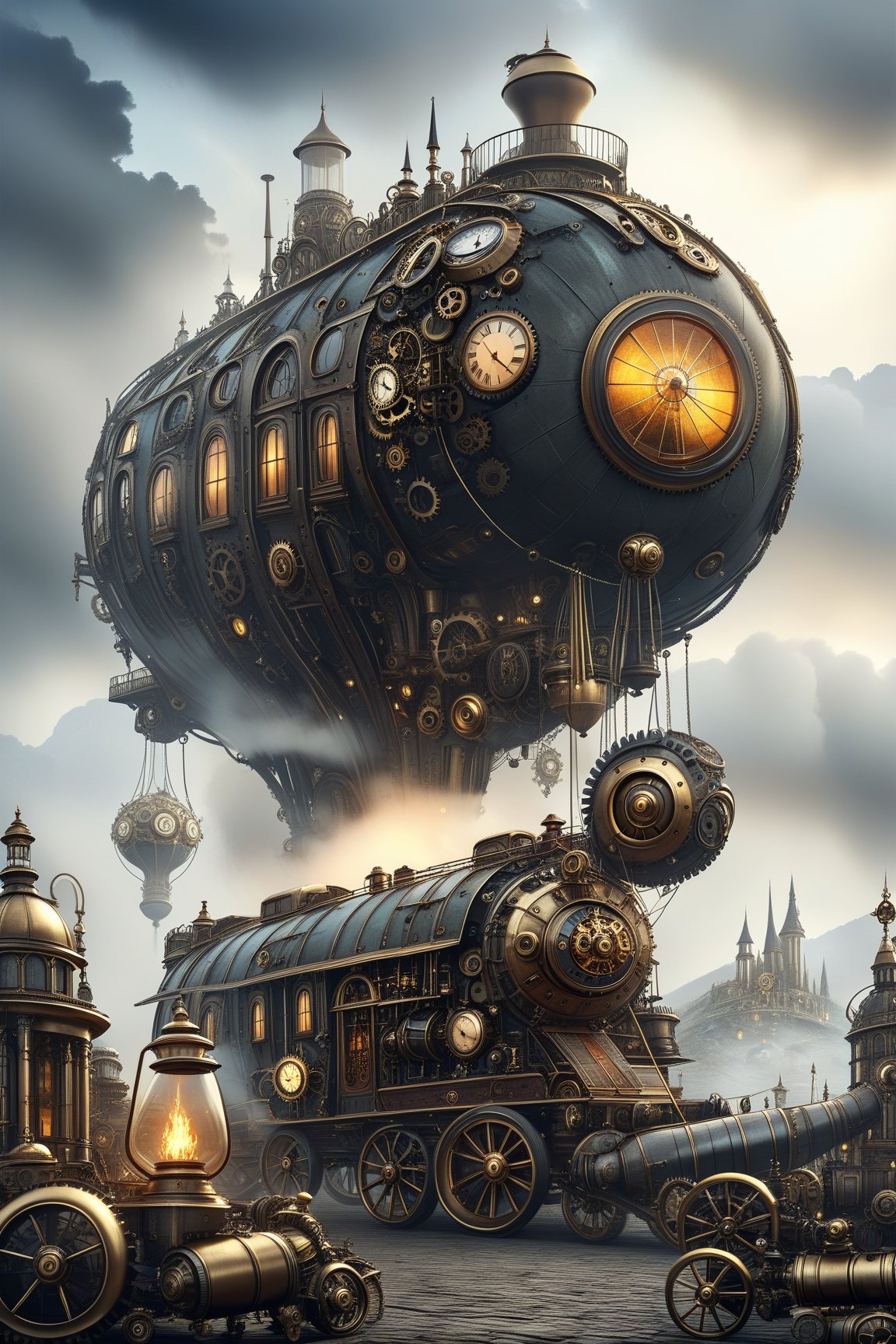 create a beautiful magical steampunk fantasy scene where you can evidence Una caravana de vehículos con ruedas gigantes y velas de vapor, viajando por desiertos de engranajes y ciudades errantes. Mechanical,DonMSt34mPXL