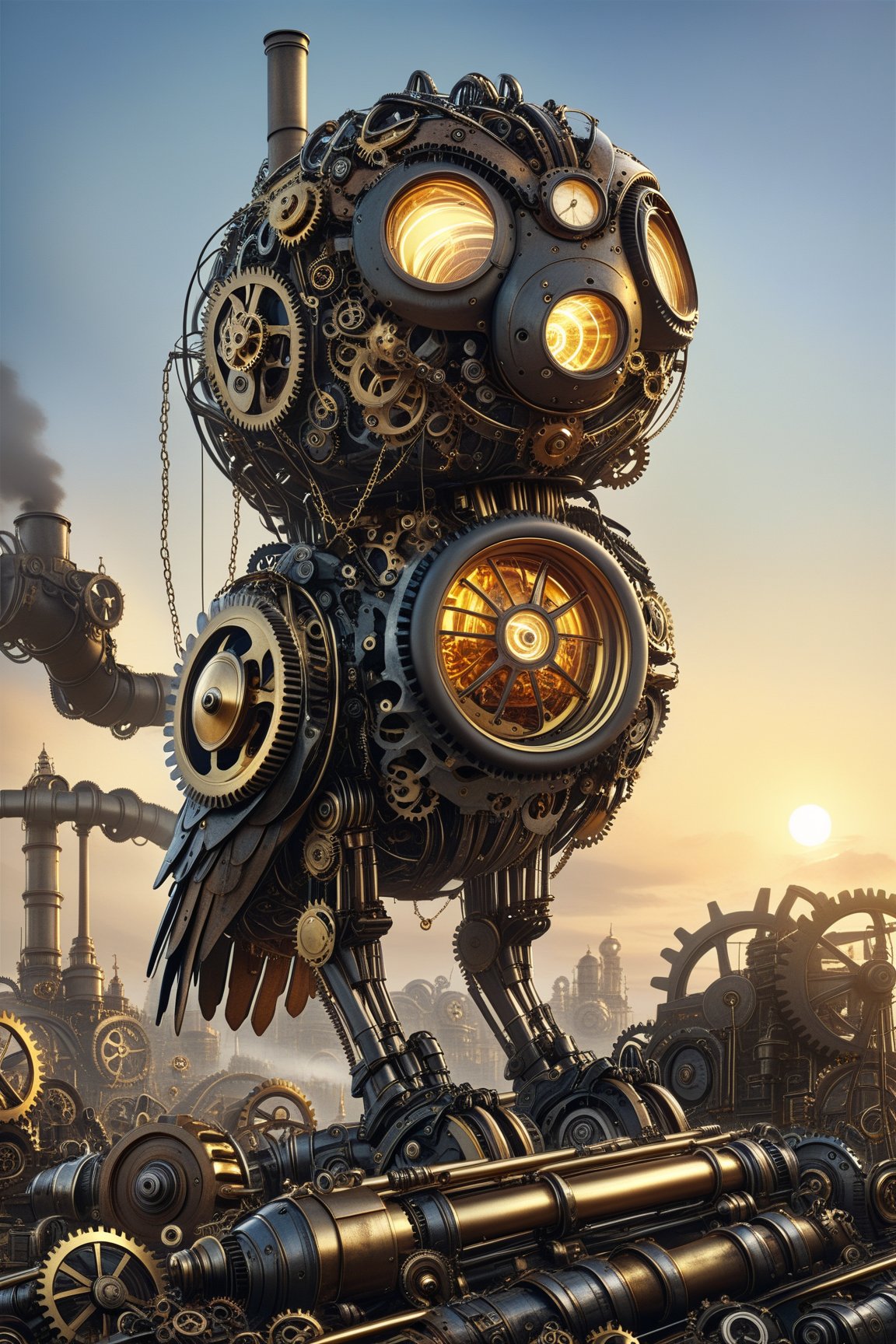 create a beautiful magical steampunk fantasy scene where you can evidence, A golden and shiny gear engine emitting a warm light at dawn.,Mechanical,DonMSt34mPXL
