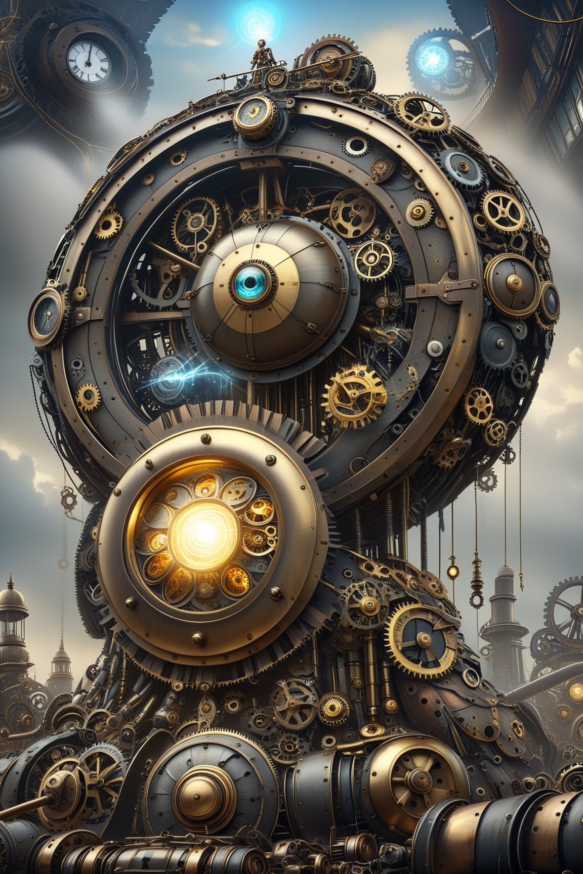 create a beautiful magical steampunk fantasy scene where you can evidence, A shield adorned with symbols of strength and courage, emanating a protective and secure light..,Mechanical,DonMSt34mPXL